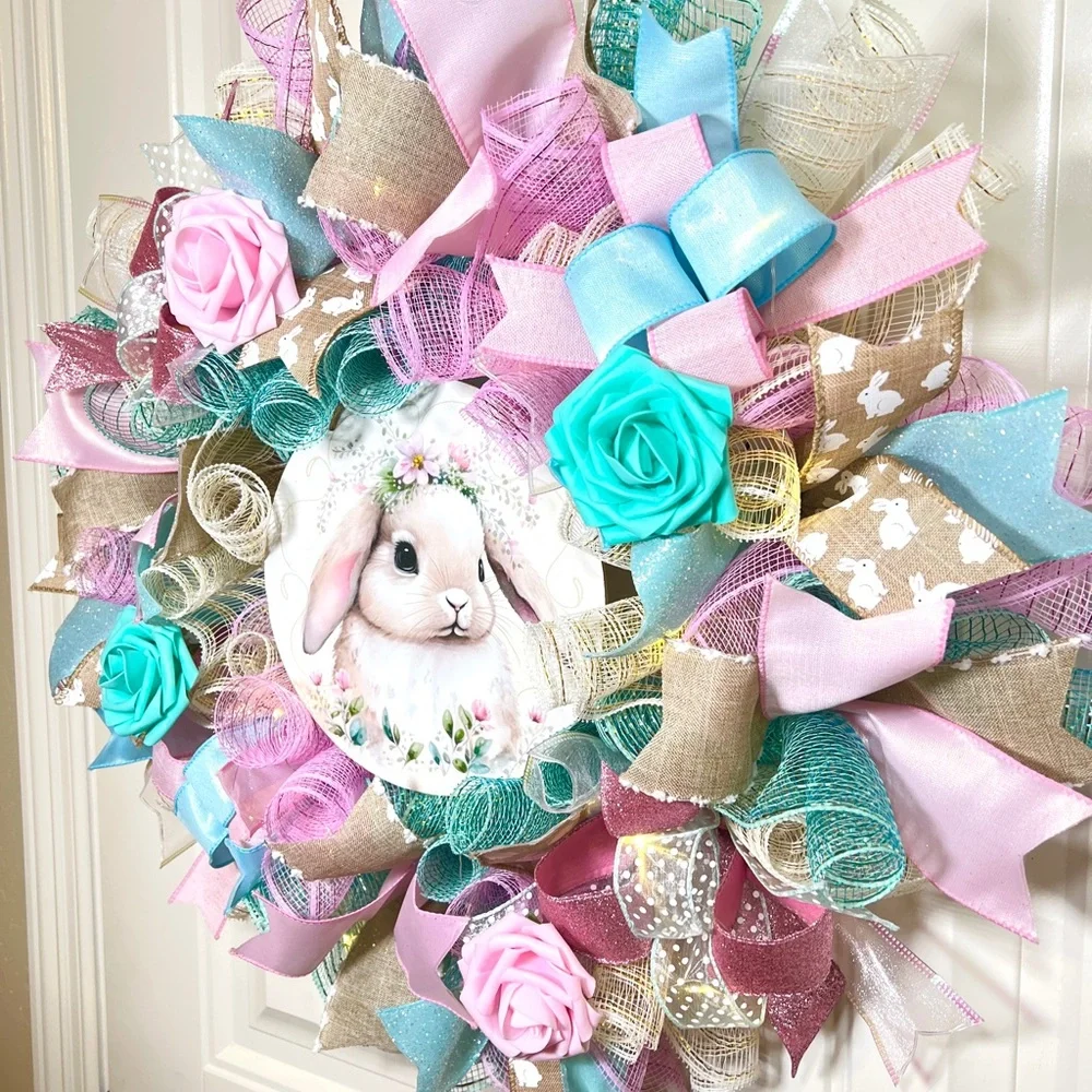 Handmade Spring or Easter Bunny Prelit Ribbon Wreath 22 in LED W22